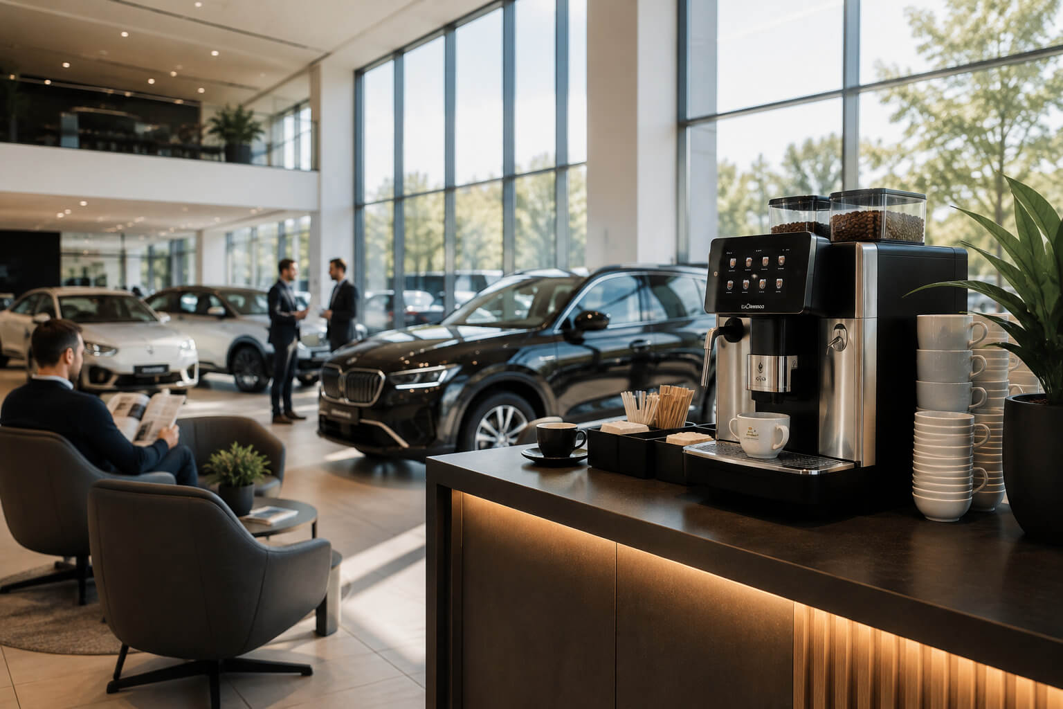 Profesionální kávovar v moderním autosalonu a servisní zóně